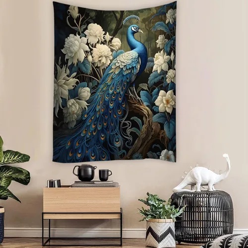 Vista 2 de JONSEQIN Tapiz de pavo real asiático elegante pájaro vintage rústico flores de granja animales plantas naturaleza flores silvestres colcha de picnic