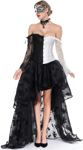 Vista 8 de Kimring Top Corsé Victoriano Steampunk con Hombros Descubiertos para Mujer con Falda de Largo Asimétrico Overbust, Long Sleeves, 12 Plastic Boned