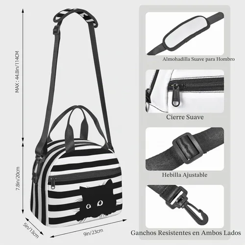 Vista 3 de Perinsto Bolsa de almuerzo a rayas blancas y negras con diseño de gatos, contenedor aislado reutilizable con correa de hombro ajustable, 9 x 5 x 7.8