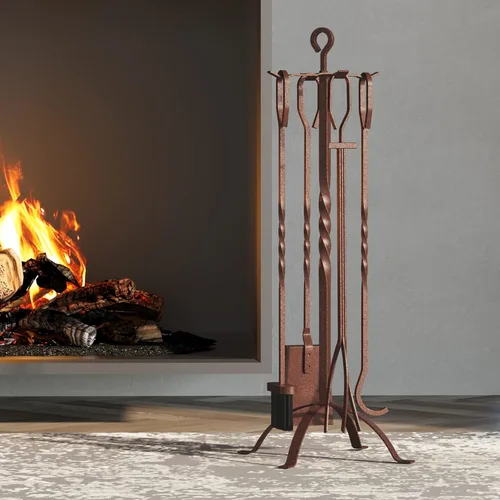 Vista 2 de Fire Beauty Juego de 5 herramientas para chimenea, accesorios de chimenea, soporte de herramientas con asas, herramientas para decoración