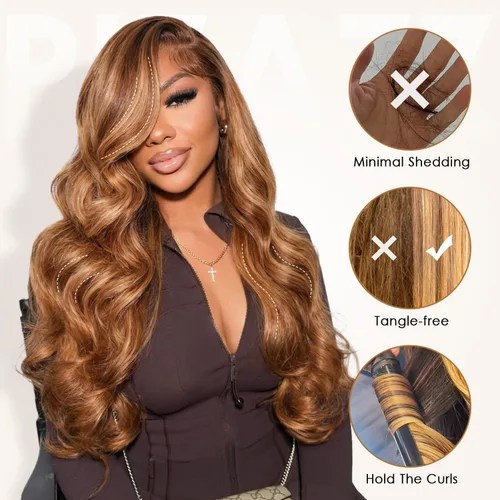 Vista 7 de Pizazz Honey Blonde Lace Front Wigs Human Hair Pre Plucked Natural Hairline 13x4 Glueless Wigs Human Hair 180 Density 4/27 Highlight Body Wave