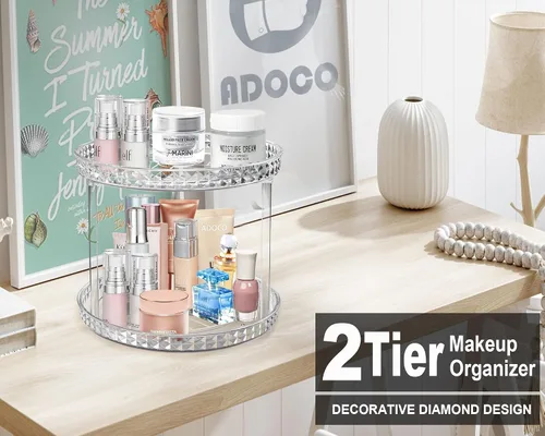 Vista 4 de Organizador de baño Lazy Susan de 2 niveles, organizador de maquillaje cosmético giratorio transparente de 360 grados para tocador, organizador