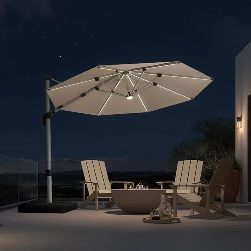 Vista 29 de PURPLE LEAF Sombrilla de patio de 9 x 12 pies con luces, sombrilla rectangular voladiza para exteriores, funciona con energía solar, LED