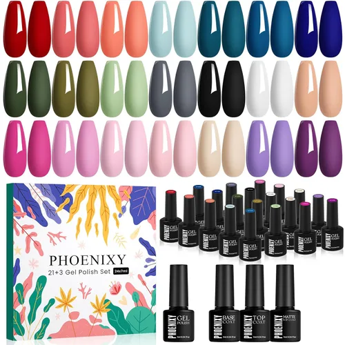 Vista 10 de phoenixy Juego de 24 esmaltes de uñas en gel, kit de uñas en gel removible de 21 colores, nude rosa rojo azul verde amarillo naranja, juego