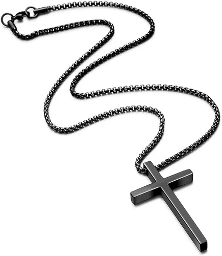 Vista 4 de Collar con dije de cruz de acero inoxidable para hombre, cadena de 16 a 30pulgadas, dorada, plateada, negra