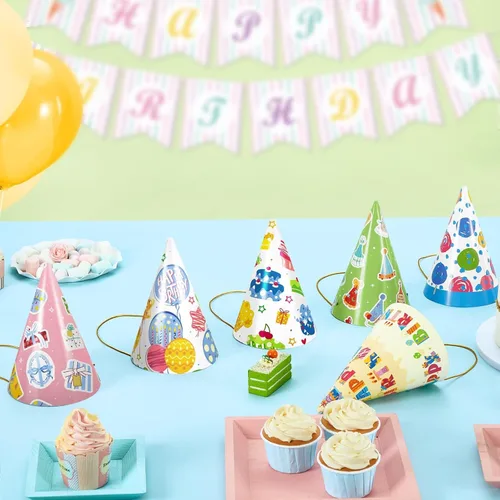Vista 7 de WERNNSAI 12 Pcs Birthday Party Hats Assorted Themes Cone Paper Headbands Multiple Styles, Easy to Assemble with Elastic Strings, Kids Birthday