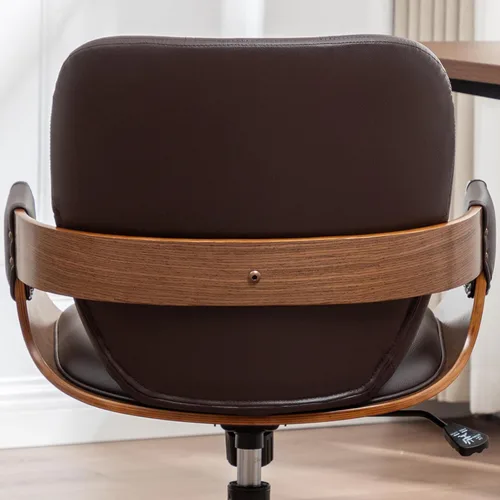 Vista 7 de Silla de escritorio de oficina en casa con ruedas giratorias, artesanía de nogal, respaldo y brazos curvos ergonómicos, piel sintética, altura