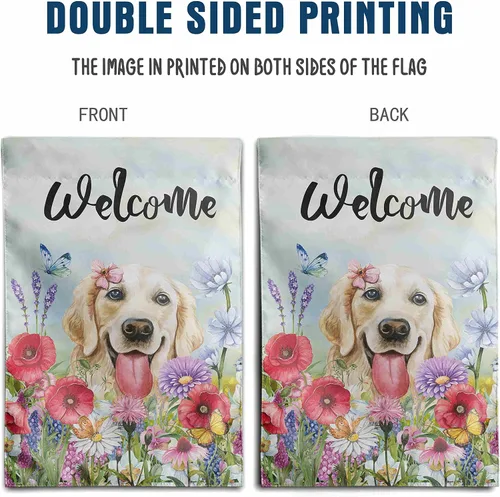 Vista 5 de Bandera floral de jardín Golden Retriever para jardín, banderas de bienvenida para exteriores de 12 x 18 pulgadas, bandera de perro de flores
