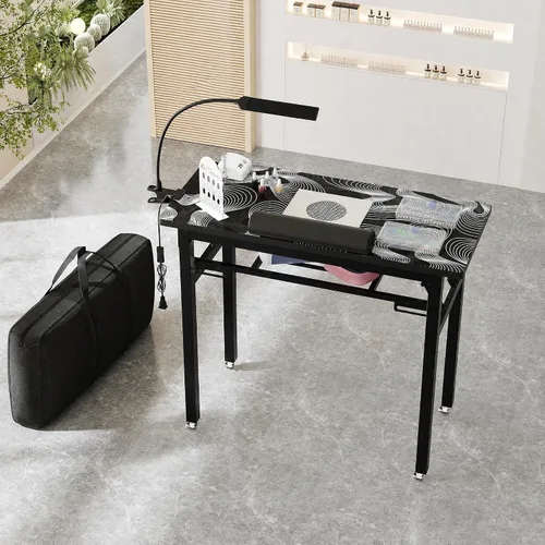 Vista 2 de Mesa de manicura plegable portátil con colector de polvo, escritorio de tecnología de uñas rodante con lámpara LED, reposamuñecas, ruedas
