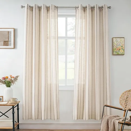 Vista 71 de DriftAway Cortinas de estilo granja con rayas verticales de lino mezclado texturizado con filtro de luz semitransparente para sala de estar