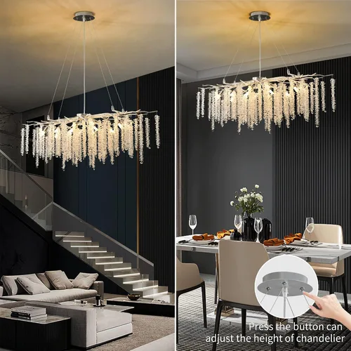 Vista 4 de Candelabro Rectangular Moderno de Ramas de Árbol de Cristal, L40'' Plata Lineal Art Deco Gota de Lluvia Lámpara Colgante Interior para Isla