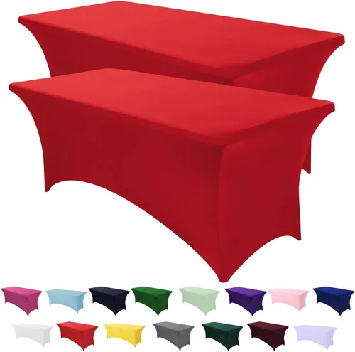 Vista 15 de Paquete de 2 fundas de mesa ajustadas rectangulares de spandex de 6 pies, color beige, mantel de tela elástica sin arrugas para fiestas, ferias