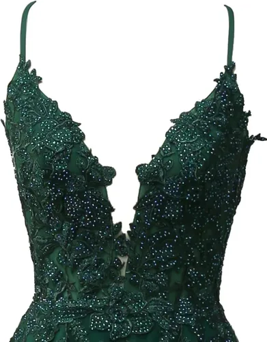 Vista 5 de Kncpti Vestido de fiesta con tirantes delgados, cuello en V, apliques, largo, formal, vestido de baile de noche, sexy, con abertura para mujer
