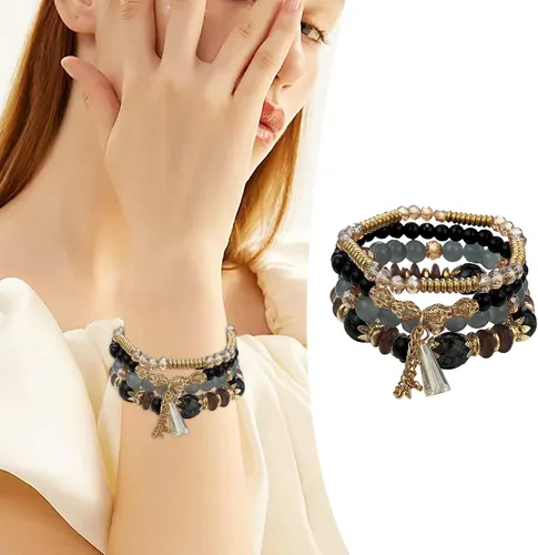 Vista 2 de Pulseras apilables de cuentas para mujer hombre juego de pulseras elásticas multicapa multicolor para reloj de joyería negro talla única