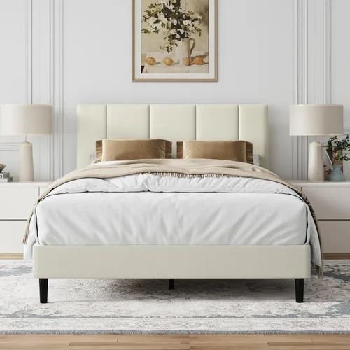 Vista 3 de IOILORI Base de cama tamaño matrimonial con cabecera tapizada de terciopelo, listones de madera resistentes, sin caja de resortes, sin ruido, fácil