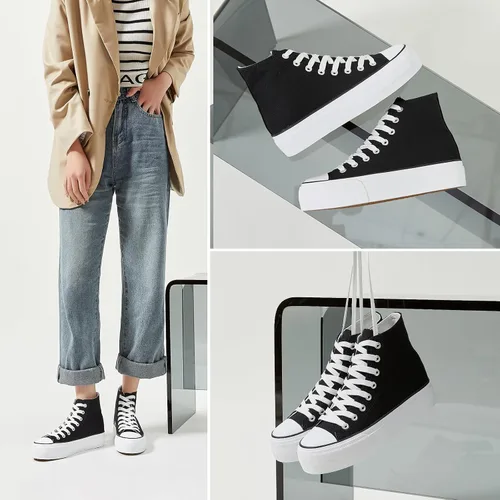 Vista 5 de FINIWOR Tenis de plataforma para mujer, zapatos de lona blancos de alta calidad, zapatos clásicos de plataforma negros con cordones, zapatos