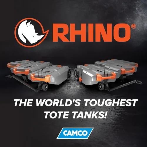 Vista 9 de Camco Rhino - Tanque portátil de 15 galones para RV - Cuenta con ruedas grandes resistentes a pinchazos y orificio de drenaje bajo - Incluye
