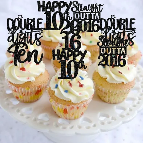 Vista 4 de 30 piezas negras para cupcakes de 10.º cumpleaños con purpurina Ten Happy 10 Straight Outta 2016 para saludos a 10 años 10 cumpleaños, boda Negro