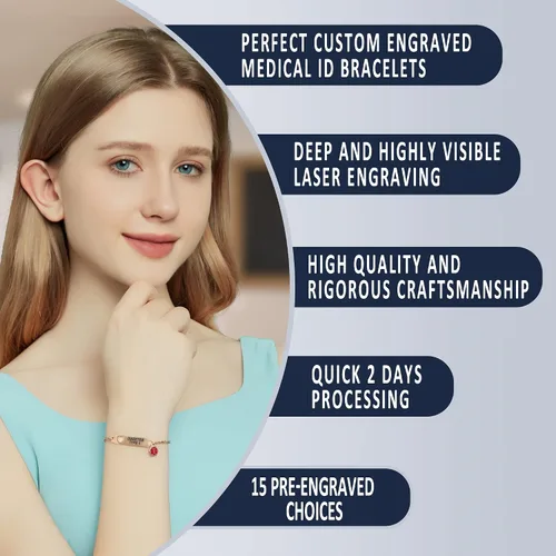 Vista 3 de Divoti Pulsera de identificación de alerta médica simple con cadena Rolo pre-grabada para mujer