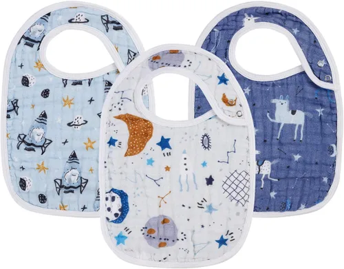 Vista 6 de Baberos de muselina a presión para niños y niñas, paquete de 3 baberos para bebés, recién nacidos y niños pequeños, babero de muselina 100% algodón