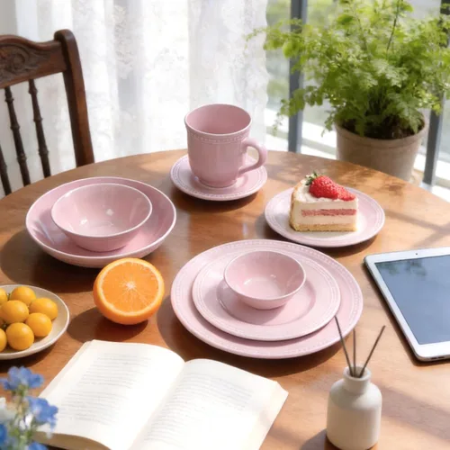 Vista 5 de HomeVSS - Juego de vajilla de cerámica de 56 piezas, color rosa, servicio