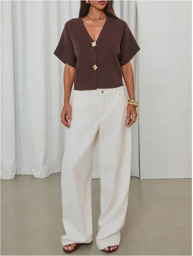 Vista 5 de SOLY HUX Cárdigan de manga corta con cuello en V para mujer marrón (Plain Brown)