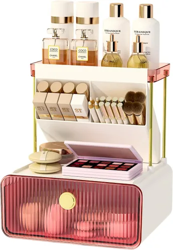 Vista 12 de FOLLOWIN Organizador de maquillaje de 3 niveles con cajón, exhibición de cosméticos con soporte para brochas de pintalabios, organizadores