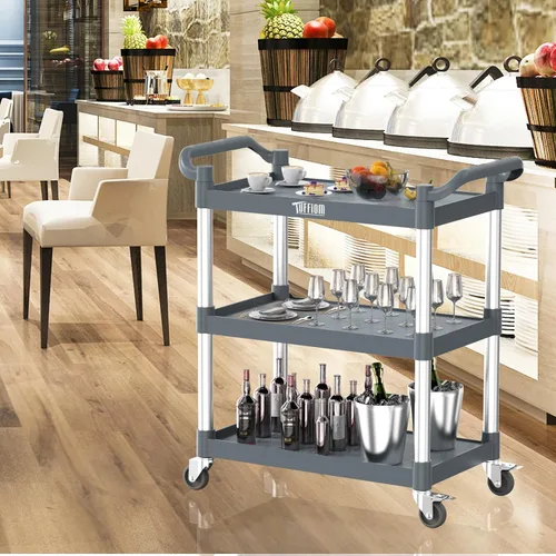 Vista 25 de TUFFIOM Carrito de servicio de plástico de 3 niveles con ruedas, resistente capacidad de 390 libras, rodante comercial, ideal para restaurantes