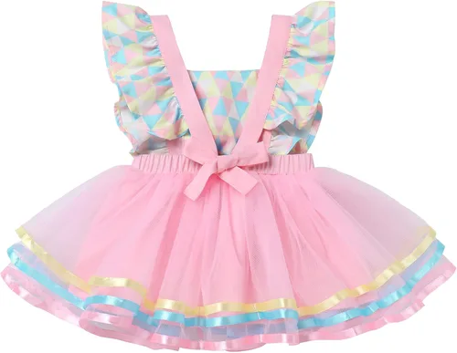 Vista 3 de ODASDO Conjunto de ropa de 2 piezas para bebé niña para primer cumpleaños con encaje y tutú de tul con diadema, conjunto de ropa de 2 piezas