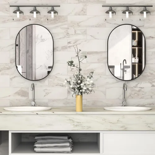 Vista 2 de Espejo ovalado de baño de 2 piezas, espejo de tocador de pared de cápsula, espejo de píldora de 20 x 30 pulgadas, espejo grande y moderno con marco