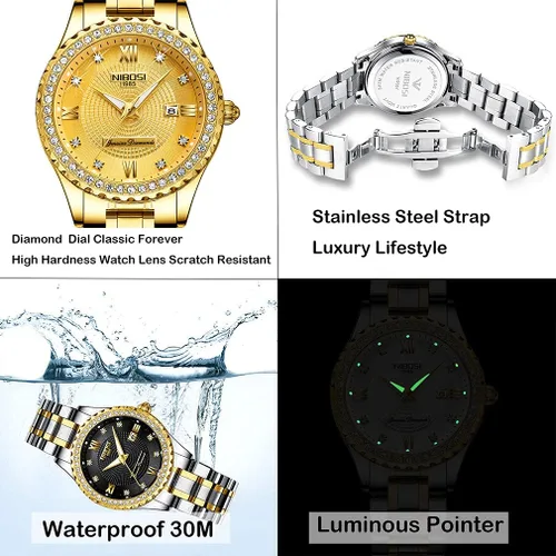 Vista 4 de NIBOSI Relojes para parejas diamantes de lujo para hombres y mujeres para él y para ella juego de relojes para marido esposa San Valentín reloj