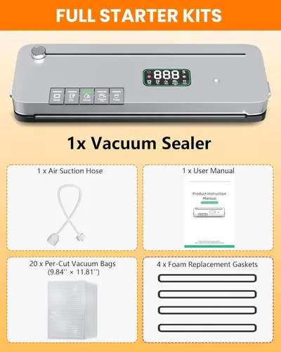Vista 9 de Máquina selladora al vacío de alimentos, succión fuerte de 75 KPa, temporizador digital, cortador integrado, función de pulso, modos seco y húmedo