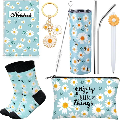 Vista 7 de Panitay Juego de 6 regalos temáticos de abeja para mujer, vaso de acero inoxidable de 12 onzas con popote y calcetines de cepillo, bolsa