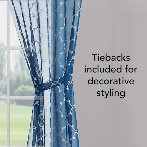 Vista 4 de Creative Home Ideas Cortinas transparentes (2 paneles, 38 x 63 pulgadas, azul), paneles de cortina geométricos bordados con alzapaños, cortinas