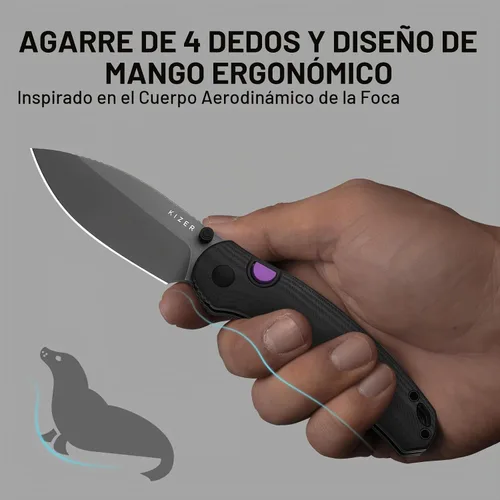 Vista 6 de Kizer Phoca BD - Cuchillo de bolsillo, 2.95 pulgadas, hoja plegable D2 Black G10 Handle, Gray PVD Coating & Stonewashed Finish, Thumb Stud Opener