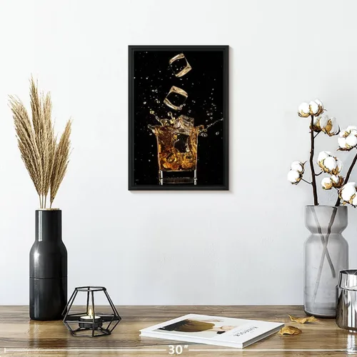 Vista 2 de ElephantStock - Arte de pared con salpicaduras de hielo de whisky - Lienzo enmarcado flotante vertical - Decoración de pared de comedor - Arte