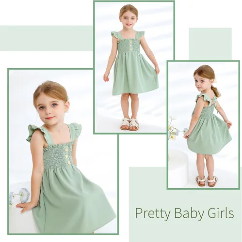 Vista 2 de JEELLIGULAR Vestido para niña pequeña, con volantes, sin mangas, con botones, vestido de verano para playa, casual, acampanado, vestido de verano