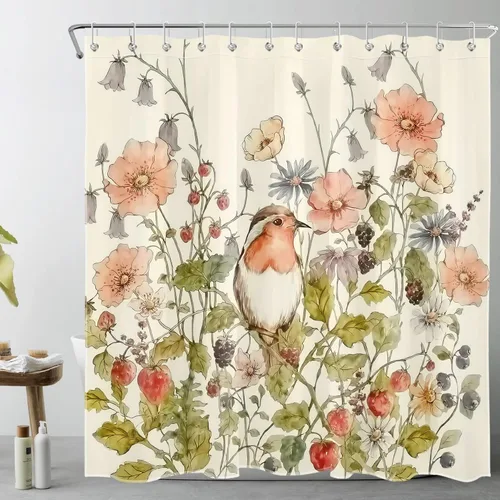 Vista 6 de Floral Shower Curtain Watercolor Flower Plant Leaves Strawberry on Beige Shower Curtains Aesthetic Botanical Birds Bathroom Curtain 60x70 Inch