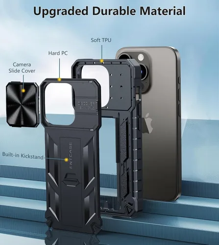 Vista 7 de FNTCASE Funda para iPhone 15 Pro: protección contra caídas y golpes de grado militar con función atril y tobogán Protector resistente texturizado
