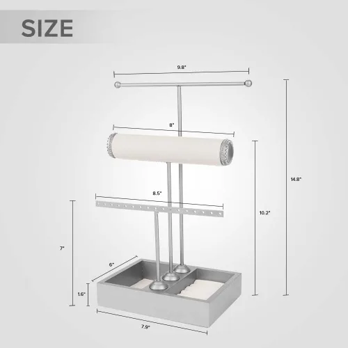 Vista 2 de Soporte para joyas, organizador para joyas, 3 niveles, joyero, organizador de joyas para brazaletes, collares, anillos, aretes y relojes (plata)