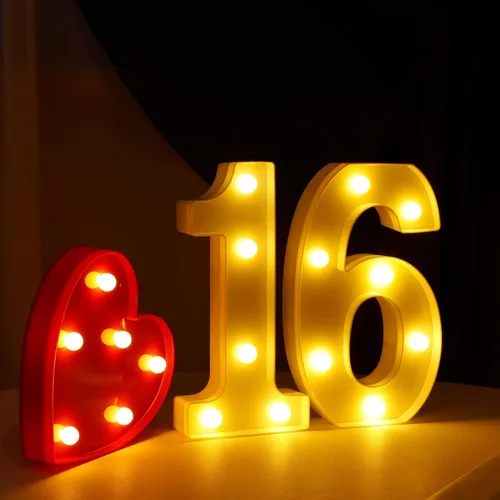Vista 5 de Señal de número 16 con luz LED, luces blancas cálidas con número