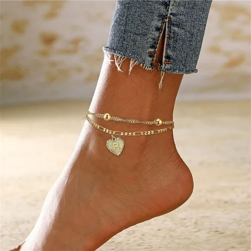Vista 2 de Pulseras de tobillo con iniciales de corazón de 26 letras para mujer, 1 tobillera dorada de amor para mujer, cadena de pie en forma de corazón