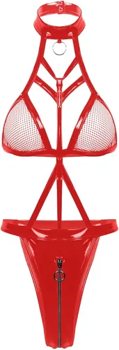 Vista 2 de Lencería sexy para mujer para sexo travieso de cuero con cremallera hueca de una pieza de peluche babydoll corsé