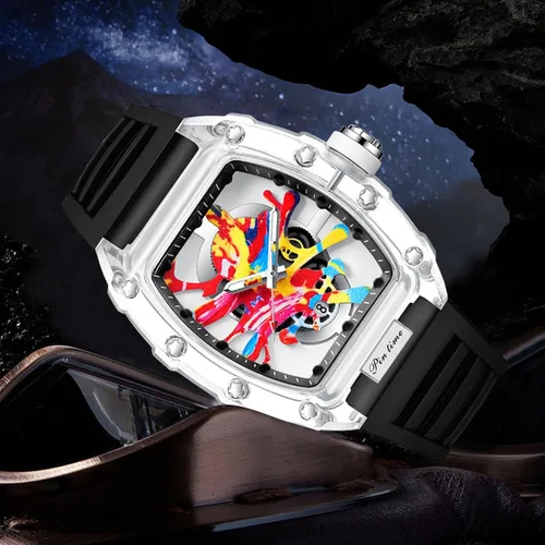 Vista 4 de PINTIME Tonneau de lujo para hombre, diseño de graffiti punk con esfera artística, hip-hop, movimiento japonés, diseño luminoso con banda de silicona