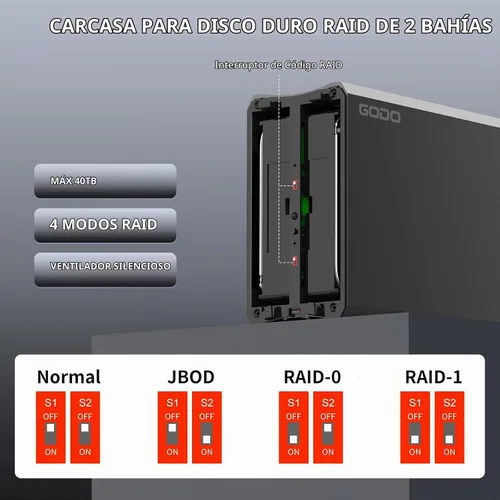Vista 7 de GODO Caja de Acoplamiento de Disco Duro de 3.5 Pulgadas de Doble Bahía, USB3.0 a Carcasa Externa SATA de 3.5", RAID 0/1/JBOD/Modo PM, Estación