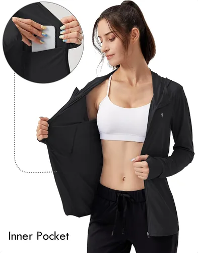 Vista 3 de Soothfeel Chaqueta con capucha UPF 50+ para mujer, ligera, de manga larga, con bolsillo, para senderismo, al aire libre