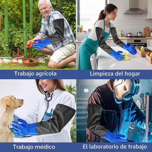 Vista 6 de 2 pares de guantes largos de goma de PVC resistentes a los productos químicos, longitud del codo, guantes impermeables resistentes para lavar