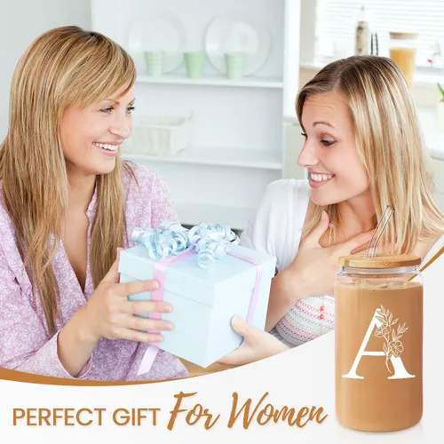 Vista 5 de SANDJEST Regalos con monograma para mujer, taza de vidrio con inicial, monograma A, taza de café de 16 onzas con tapa y pajita, iniciales