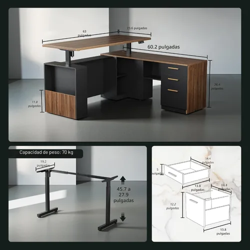 Vista 2 de ModernMate - Escritorio de pie de 63" con gabinete de archivos, panel de privacidad, AC/USB, escritorio ejecutivo de 1.18" de altura ajustable