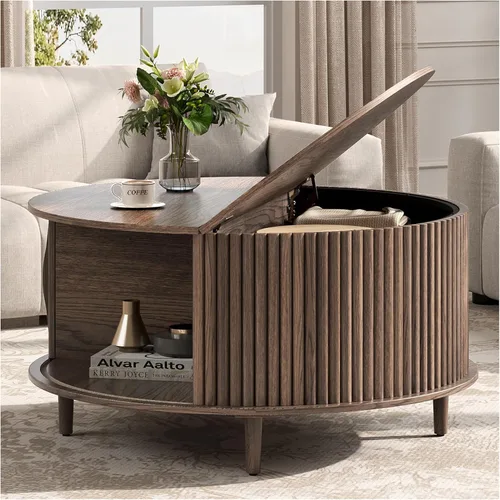 Vista 11 de JOINICE Mesa auxiliar ovalada de 42.5 pulgadas con almacenamiento, moderna mesa central negra con diseño estriado, patas de madera maciza